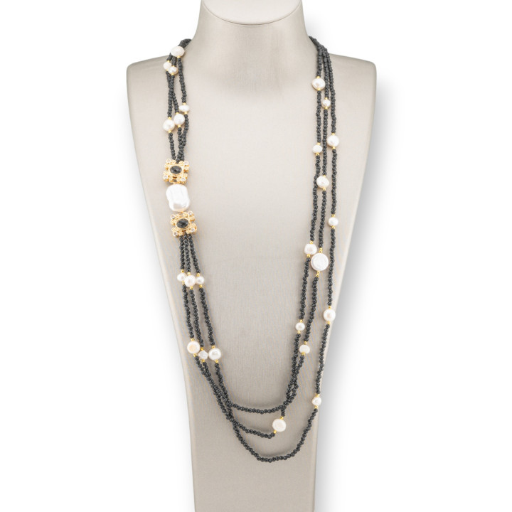 Collana Charlestone Di Perle Di Fiume E Cristalli Con Elementi Di Bronzo 90cm Nero