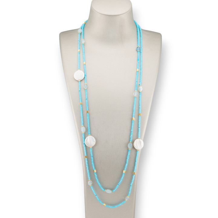 Collana Bijoux Charlestone Di Pietre Dure Perle Di Fiume Barocche Piatte, Ematite E Cristalli 160cm Azzurro Acquamarina