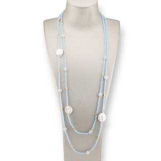 Collana Charlestone Di Pietre Dure Perle Di Fiume Barocche Piatte, Ematite E Cristalli 160cm Celeste Calcedonio