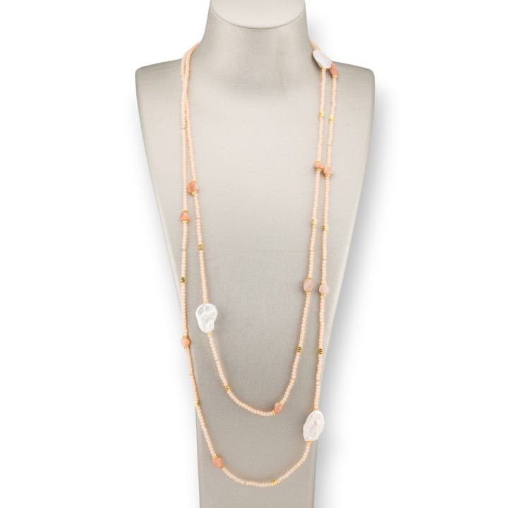 Collana Charlestone Di Pietre Dure Perle Di Fiume Barocche Piatte, Ematite E Cristalli 160cm Cipria Pietra Di Luna Rosa