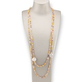 Collana Bijoux Charlestone Di Pietre Dure Perle Di Fiume Barocche Piatte, Ematite E Cristalli 160cm Mix Quarzo Citrino