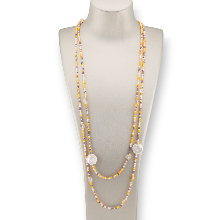 Collana Charlestone Di Pietre Dure Perle Di Fiume Barocche Piatte, Ematite E Cristalli 160cm Mix Quarzo Citrino