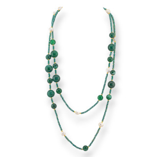 Collana Charlestone Di Pietre Dure Perle Di Fiume E Cristalli 120cm Con Chiusura Agata Verde Striata