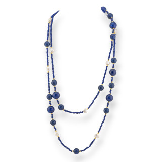 Collana Bijoux Charlestone Di Pietre Dure Perle Di Fiume E Cristalli 120cm Con Chiusura Giada Blu e Lapislazzuli