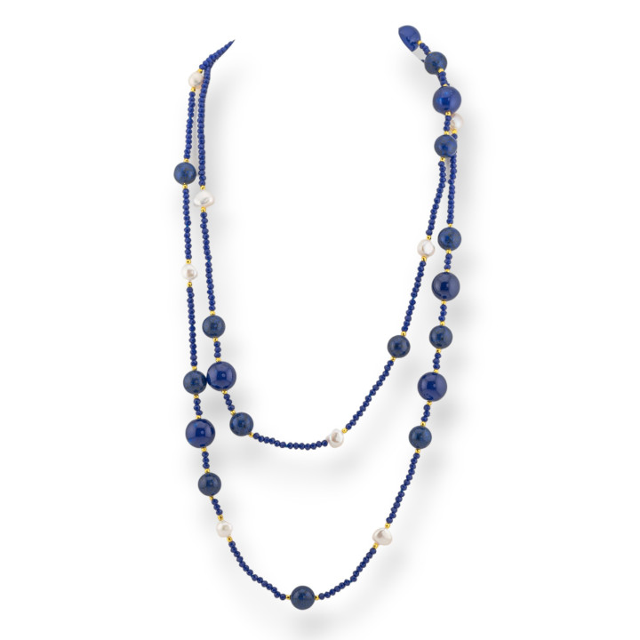 Collana Charlestone Di Pietre Dure Perle Di Fiume E Cristalli 120cm Con Chiusura Blu