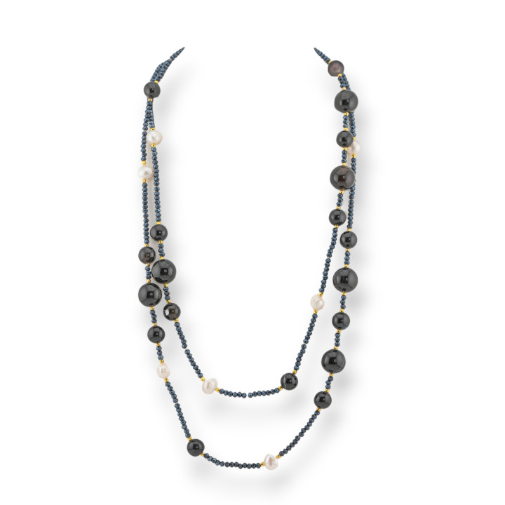 Collana Charlestone Di Pietre Dure Perle Di Fiume E Cristalli 120cm Con Chiusura Onice
