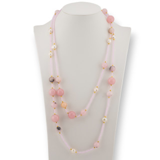 Collana Bijoux Charlestone Di Pietre Dure Perle Di Fiume E Cristalli 120cm Con Chiusura Opale Rosa