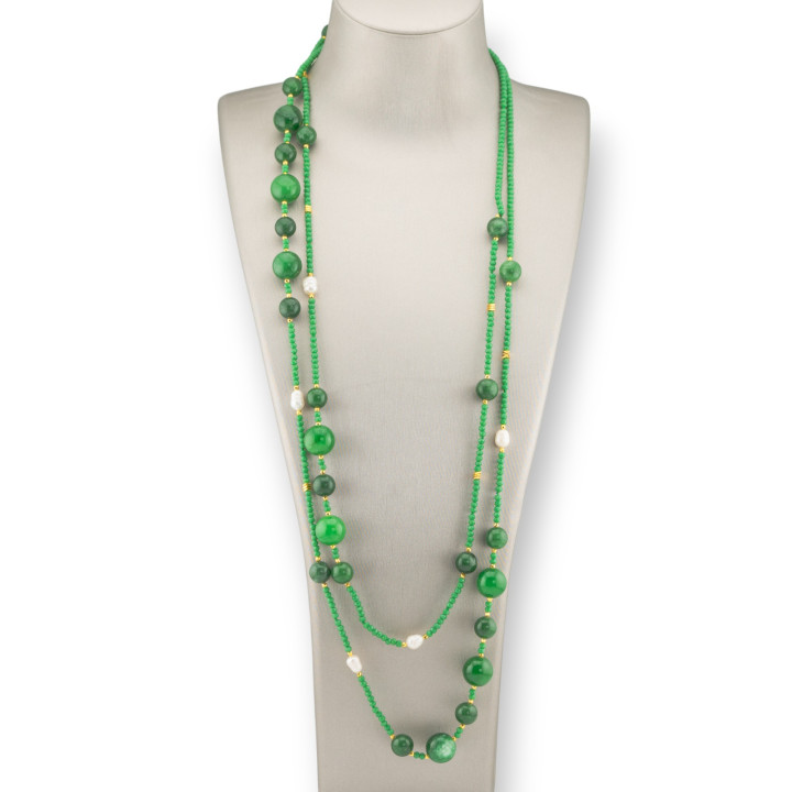 Collana Bijoux Charlestone Di Pietre Dure Perle Di Fiume E Cristalli 160cm Giada Verde
