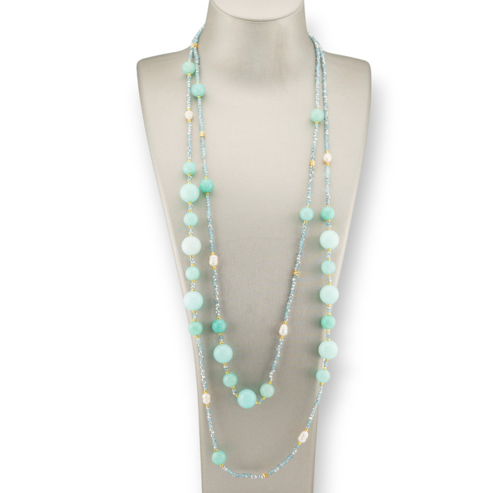 Collana Bijoux Charlestone Di Pietre Dure Perle Di Fiume E Cristalli 160cm Verde Acqua