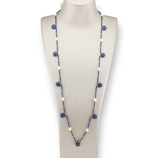 Collana Charlestone Di Pietre Dure Perle Di Fiume E Cristalli 90cm Lapislazzuli