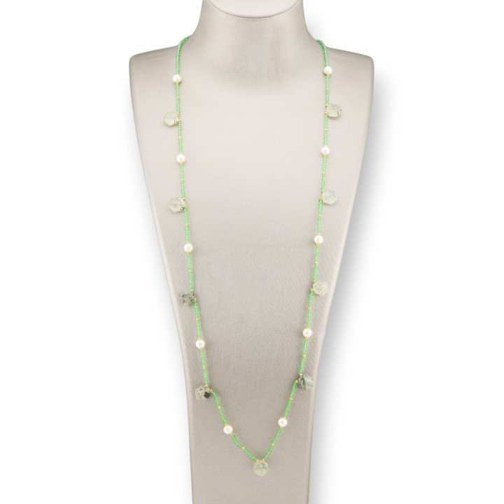 Collana Charlestone Di Pietre Dure Perle Di Fiume E Cristalli 90cm Prenite