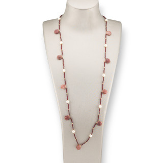 Collana Charlestone Di Pietre Dure Perle Di Fiume E Cristalli 90cm Quarzo Fragola