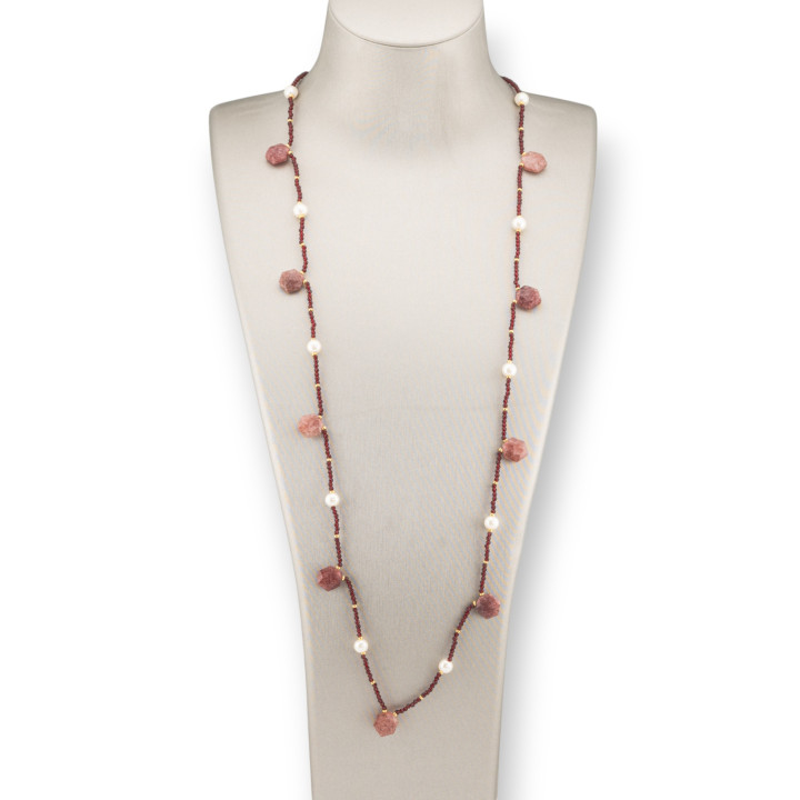 Collana Charlestone Di Pietre Dure Perle Di Fiume E Cristalli 90cm Quarzo Fragola