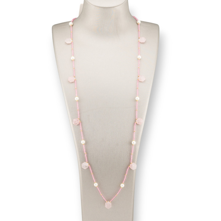 Collana Bijoux Charlestone Di Pietre Dure Perle Di Fiume E Cristalli 90cm Quarzo Rosa