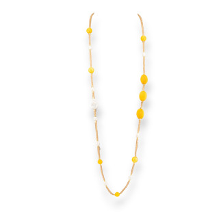 Collana Bijoux Di Cristalli CZ Con Pietre Dure E Perle Di Fiume Barocche Piatte Con Ematite 90cm Giallo