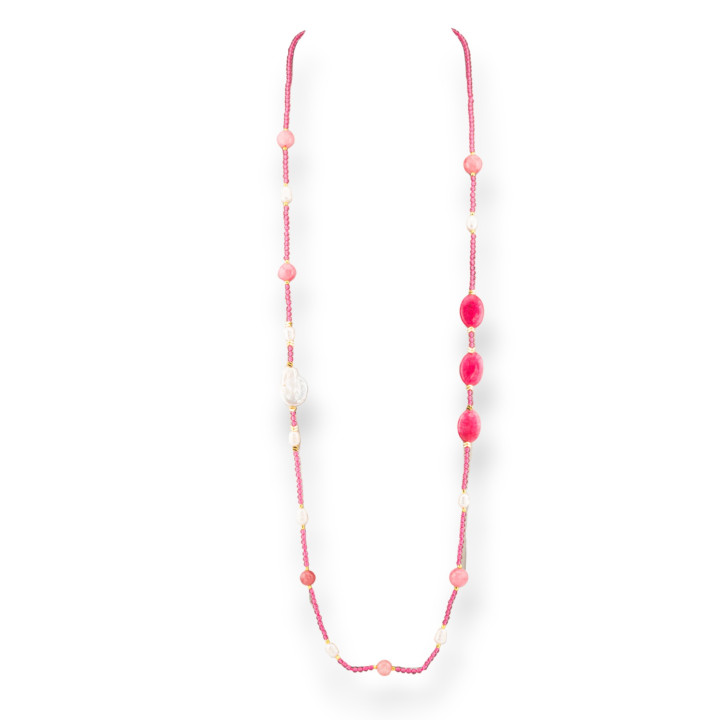 Collana Bijoux Di Cristalli CZ Con Pietre Dure E Perle Di Fiume Barocche Piatte Con Ematite 90cm Rosso