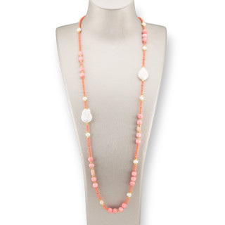 Collana Di Cristalli CZ Con Pietre Dure, Perle Barocche Piatte E Ematite 90cm Coral