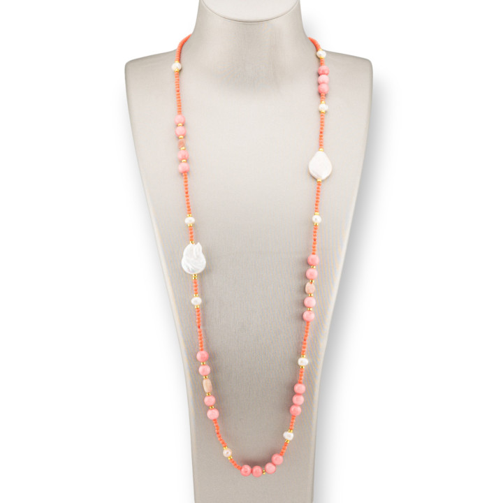Collana Di Cristalli CZ Con Pietre Dure, Perle Barocche Piatte E Ematite 90cm Coral