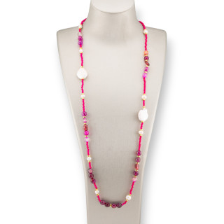 Collana Di Cristalli CZ Con Pietre Dure, Perle Barocche Piatte E Ematite 90cm Fucsia