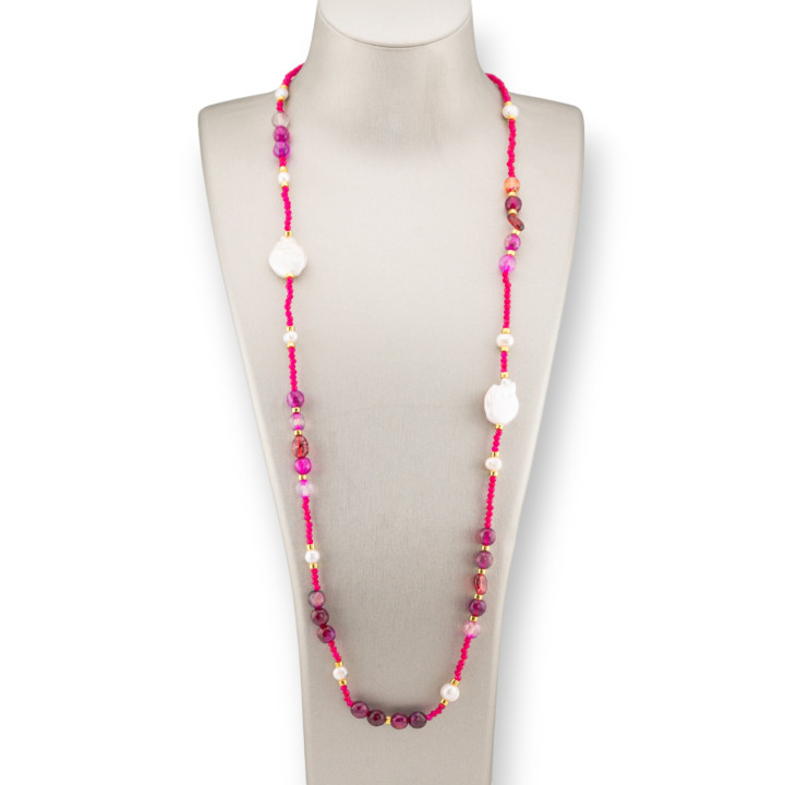Collana Bijoux Di Cristalli CZ Con Pietre Dure, Perle Barocche Piatte E Ematite 90cm Fucsia