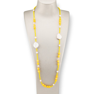 Collana Bijoux Di Cristalli CZ Con Pietre Dure, Perle Barocche Piatte E Ematite 90cm Giallo