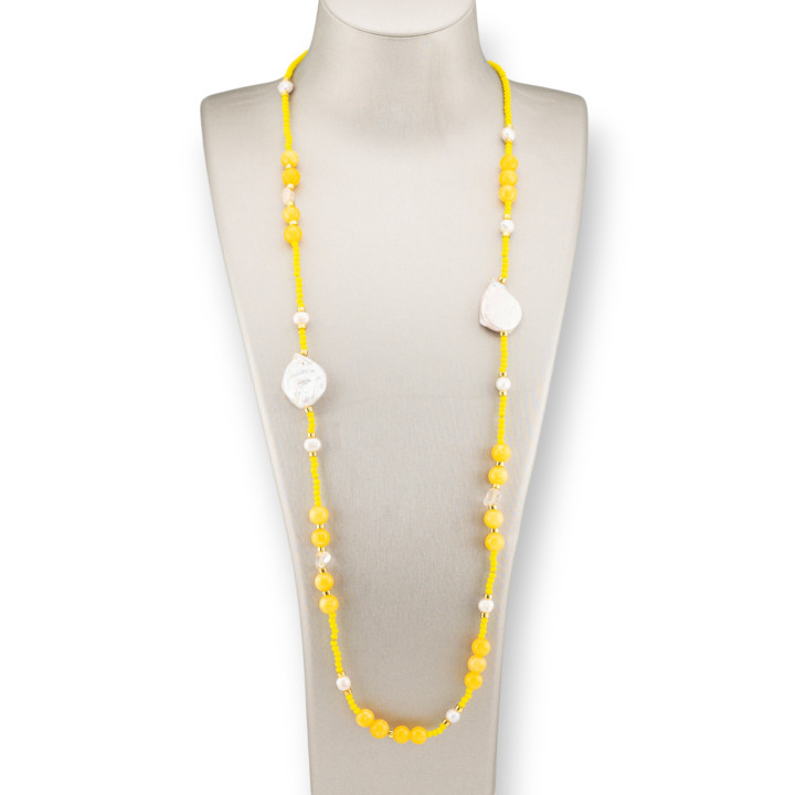 Collana Bijoux Di Cristalli CZ Con Pietre Dure, Perle Barocche Piatte E Ematite 90cm Giallo