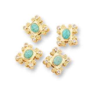 Multi-strand Bronze Central Component With Hard Stones And Zircons 16x17mm Double Side 4pcs Golden Amazonite