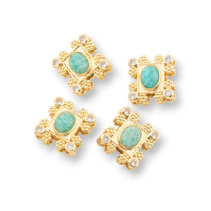 Multi-strand Bronze Central Component With Hard Stones And Zircons 16x17mm Double Side 4pcs Golden Amazonite