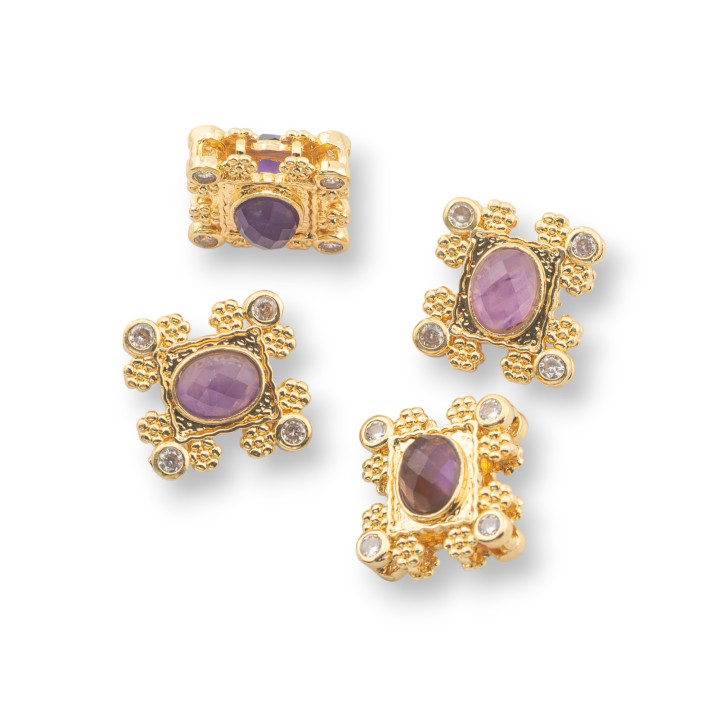 Multi-strand Bronze Central Component With Hard Stones And Zircons 16x17mm Double Side 4pcs Gold Amethyst
