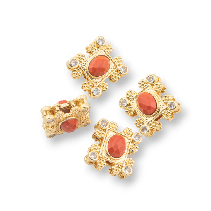 Componente central de bronce multifilar con piedras semipreciosas y circonitas 16x17 mm Doble cara 4 piezas Jaspe rojo dorado