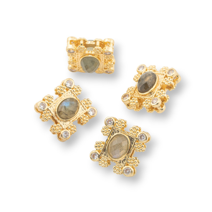 Zentrale mehrsträngige Bronzekomponente mit Halbedelsteinen und Zirkonen, 16 x 17 mm, doppelseitig, 4 Stück, goldener Labradorit