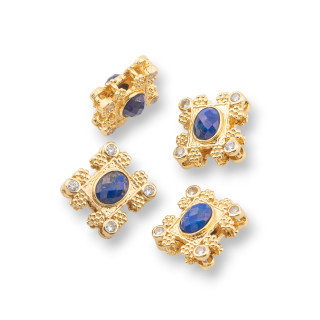 Multi-strand Bronze Central Component With Hard Stones And Zircons 16x17mm Double Side 4pcs Gold Lapis