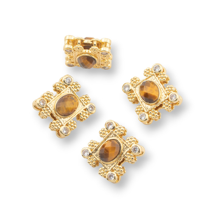 Multi-strand Bronze Central Component With Hard Stones And Zircons 16x17mm Double Side 4pcs Golden Tiger's Eye