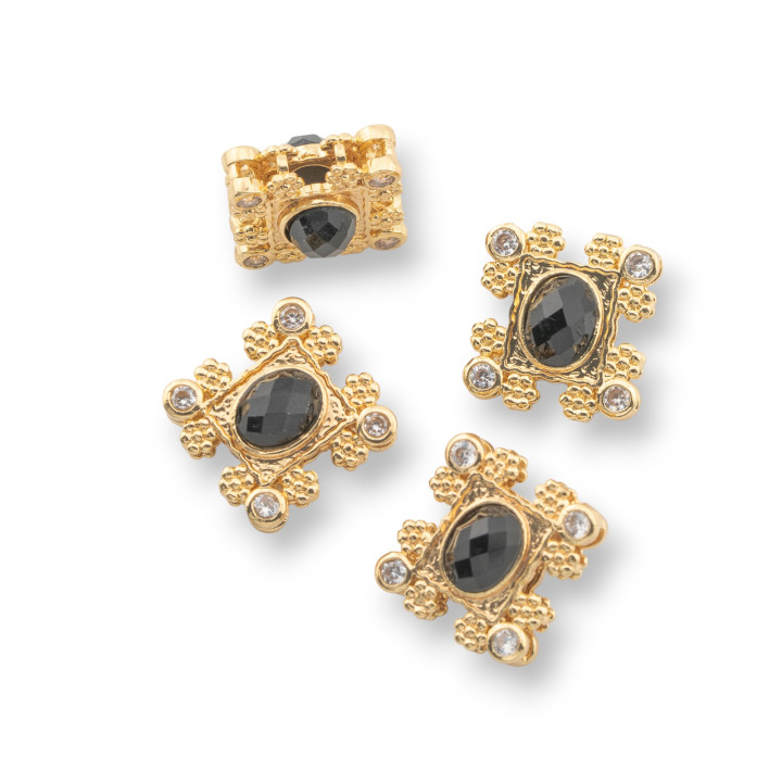 Multi-strand Bronze Central Component With Hard Stones And Zircons 16x17mm Double Side 4pcs Gold Onyx