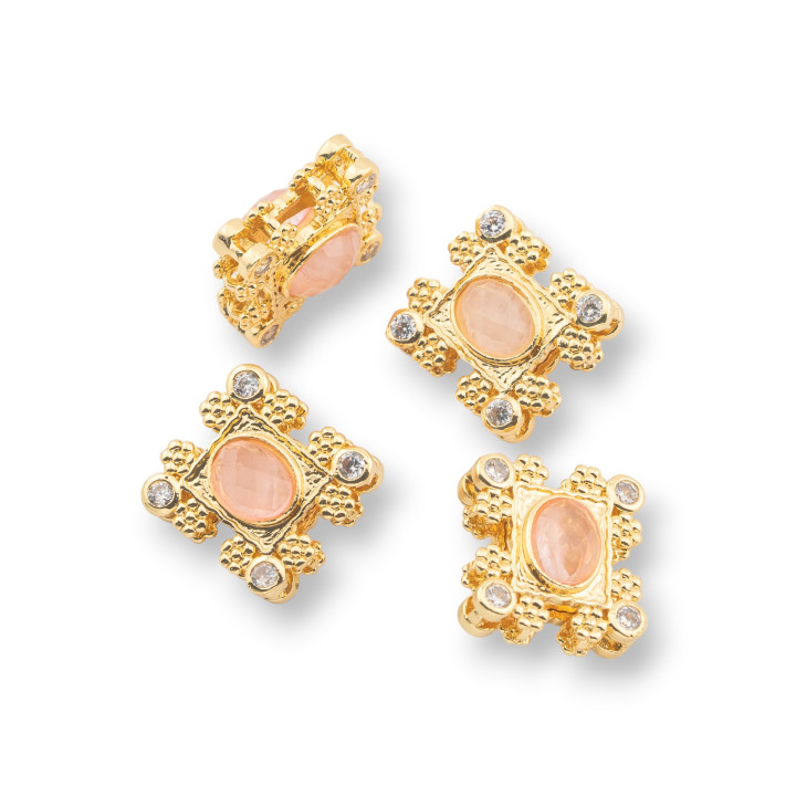 Zentrale mehrsträngige Bronzekomponente mit Halbedelsteinen und Zirkonen, 16 x 17 mm, doppelseitig, 4 Stück, goldener Rosenquarz
