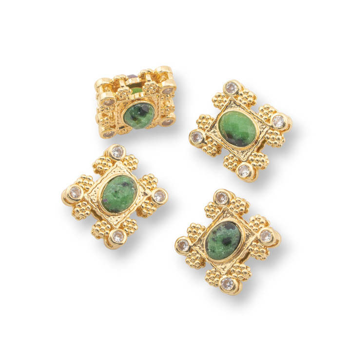 Componente Centrale Multifilo Di Bronzo Con Pietre Dure E Zirconi 16x17mm Doppio Lato 4pz Dorato Rubizoisite