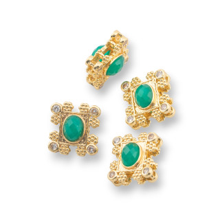 Composant Central Multifils Bronze Avec Pierres Semi-précieuses et Zircons 16x17mm Double Face 4pcs Vert Doré