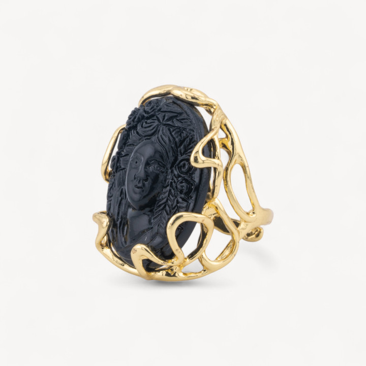 Anillo de Bronce Colección AURORA 28x32mm Con Camafeo de Resina Tamaño Ajustable Dorado Negro