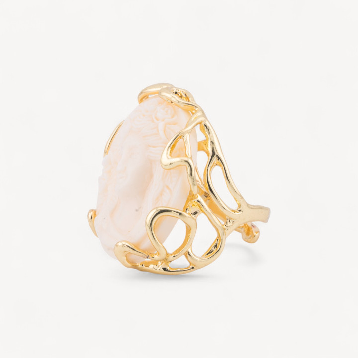 Bague Bronze Collection AURORA 28x32mm Avec Camée Résine Taille Ajustable Doré Crème