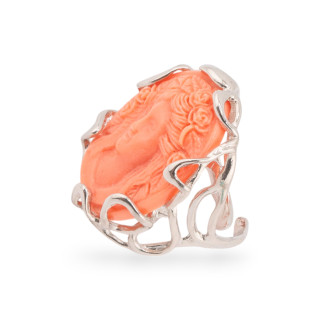 Anello Regolabile in Bronzo Rodiato Collezione AURORA-1 con Cammeo Di Resina   Arancio | Gioiello Artigianale Donna 28x32mm