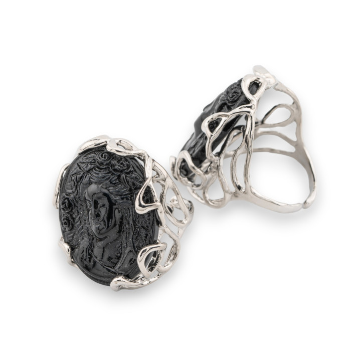 Anello Regolabile in Bronzo Rodiato Collezione AURORA-1 con Cammeo Di Resina   Nero | Gioiello Artigianale Donna 28x32mm