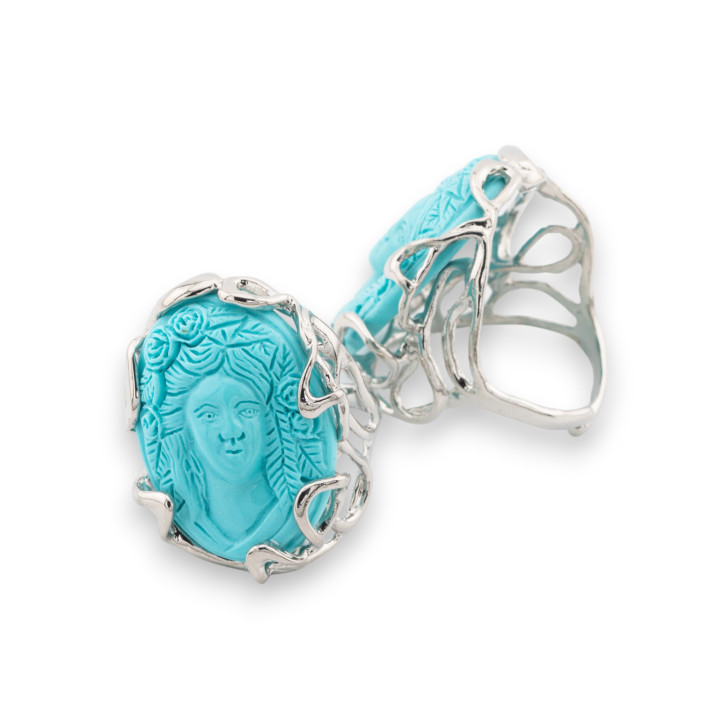 Bronze Ring AURORA Collection 28x32mm With Resin Cameo Adjustable Size Rhodium Turquoise