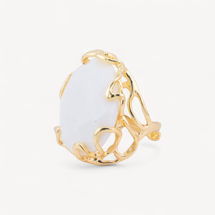 Bronze Ring AURORA Collection 28x32mm With Hard Stones Adjustable Size Gold White Agate