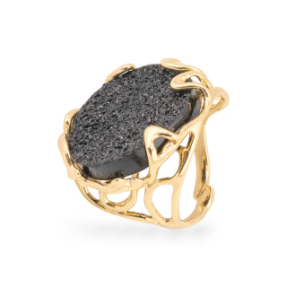 Anello Regolabile in Bronzo Dorato Collezione AURORA-1 con Resina AB Druzi Nero | Gioiello Artigianale Donna 28x32mm