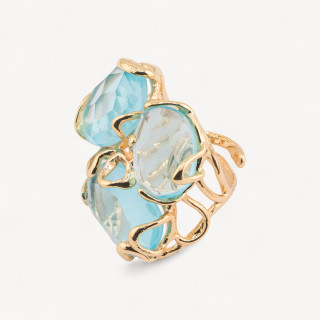 Anillo de Bronce Colección AURORA 32x36mm Con Piedras Semipreciosas Tamaño Ajustable Cristal de Roca Dorada Agua