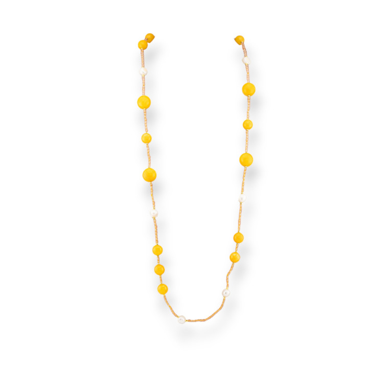 Collana Charlestone Di Cristalli CZ Con Pietre Dure E Perle Di Fiume Con Ematite 90cm Giallo