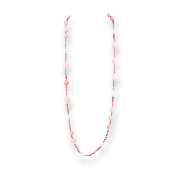 Collana Bijoux Charlestone Di Cristalli CZ Con Pietre Dure E Perle Di Fiume Con Ematite 90cm Rosa