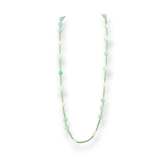 Collana Bijoux Charlestone Di Cristalli CZ Con Pietre Dure E Perle Di Fiume Con Ematite 90cm Verde Chiaro