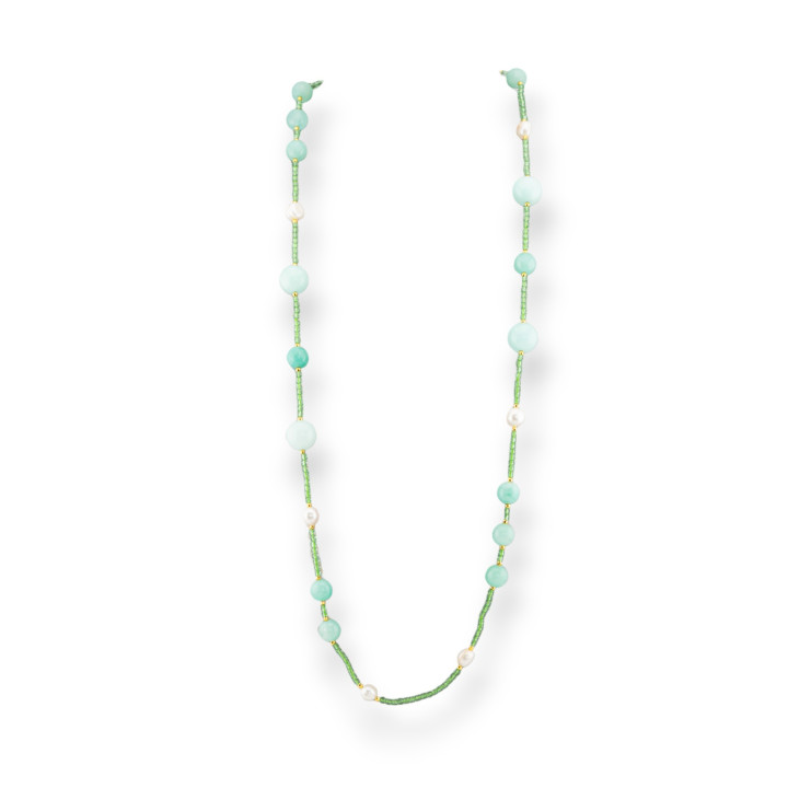 Collana Charlestone Di Cristalli CZ Con Pietre Dure E Perle Di Fiume Con Ematite 90cm Verde Chiaro