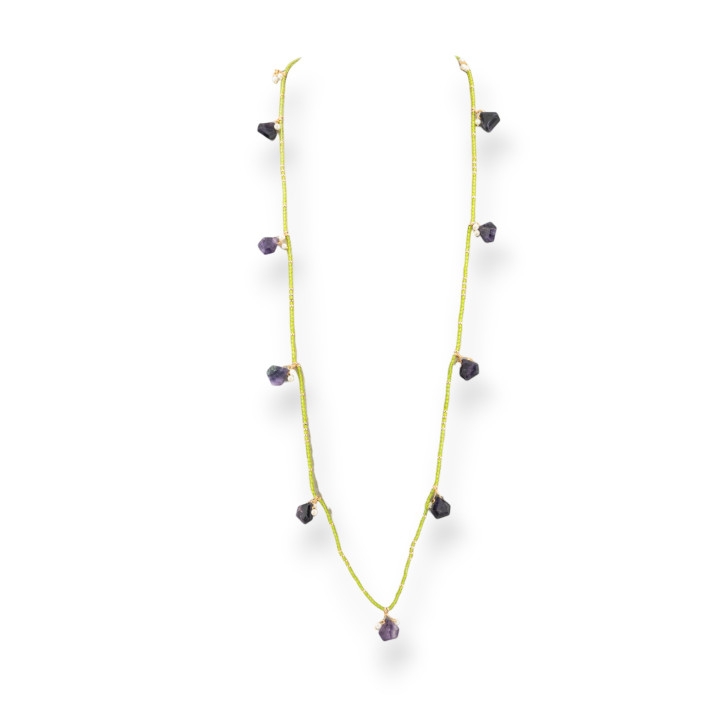Collana Bijoux Charlestone Di Cristalli CZ Con Pietre Dure E Perle Di Maiorca Con Ematite 90cm Ametista